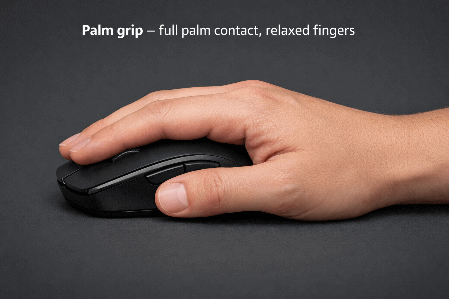 Mouse size guide example showing palm grip hand position